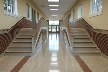 Obraz premium Two Stairwells Leading to a Hallway with a View