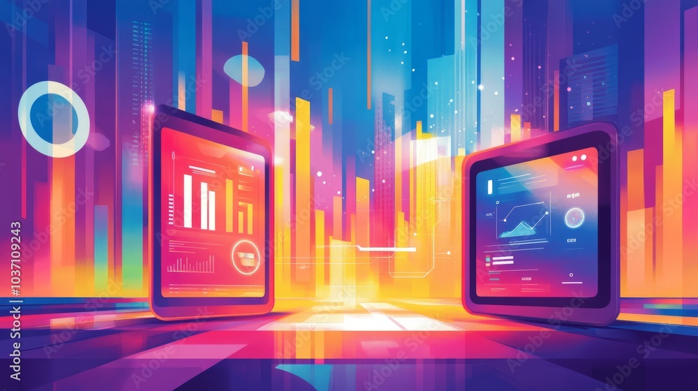 Poster two glowing digital tablets display graphs and data against a backdrop of a neon cityscape.