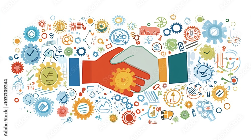 Poster two hands shaking with a gear in between surrounded by colorful icons and gears.