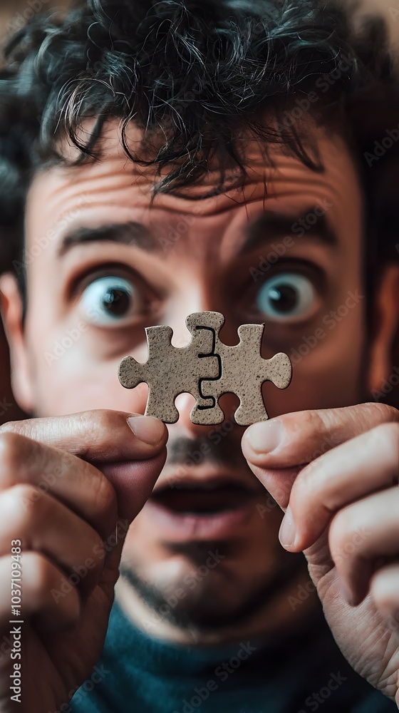 Poster perplexed man holding odd puzzle piece symbolizing doubt and curiosity in solving a mystery