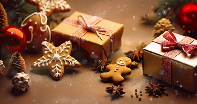 Wrapped gift boxes and gingerbread cookies with cinnamon on the christmas table. Winter seasonal 4K loop animation for advertisement.