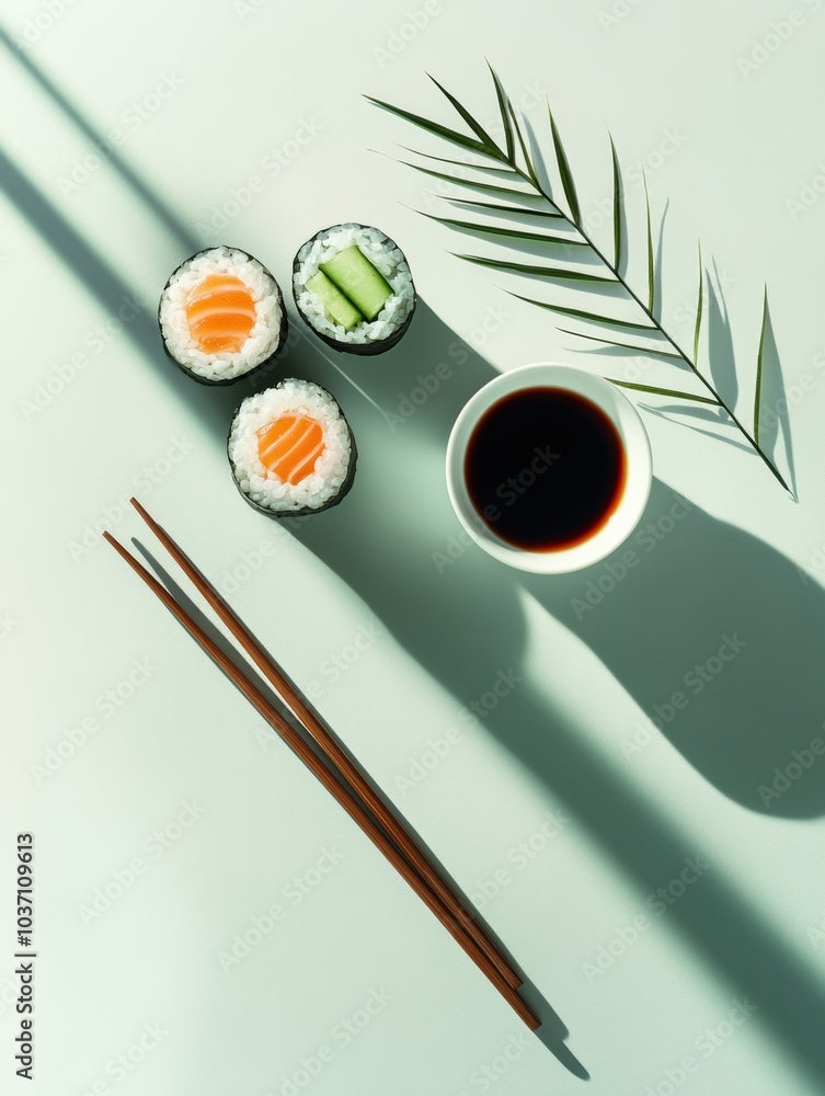 Poster enjoy a vibrant display of sushi rolls featuring cucumber and salmon, set against a pastel backgroun