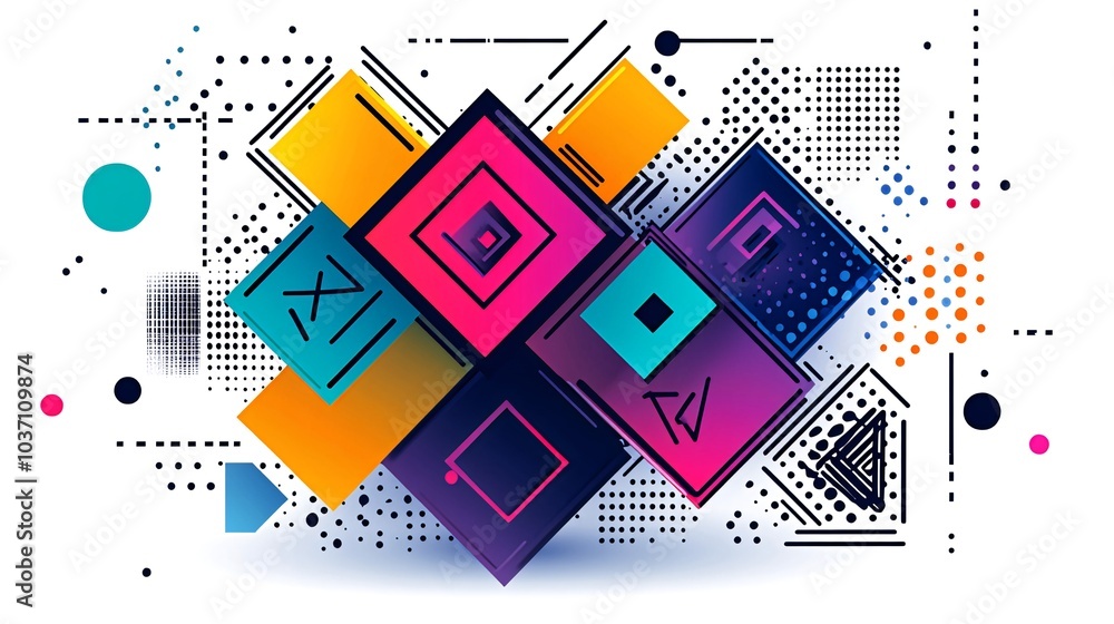 Poster abstract geometric shapes and patterns in vibrant colors on a white background.