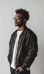 Obraz premium Man in black bomber jacket, sunglasses, and earring.