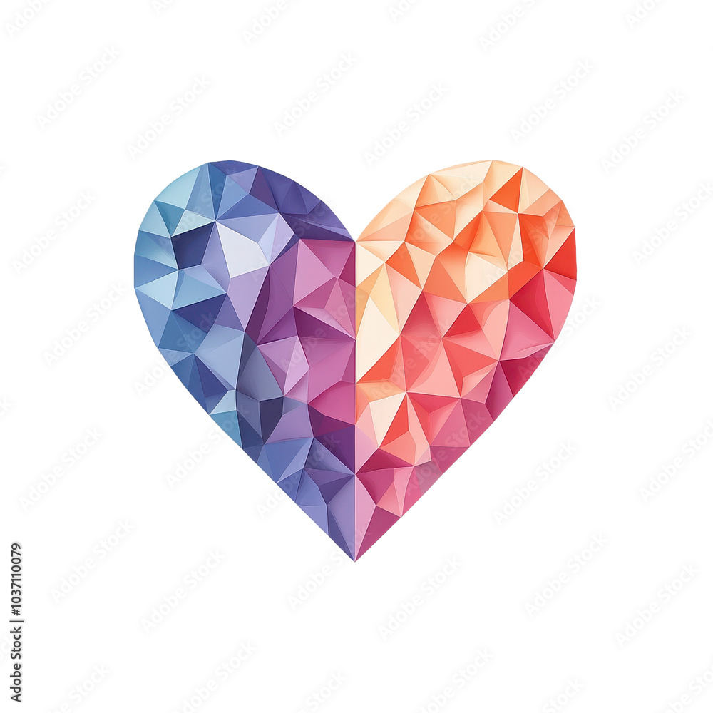 Poster a vibrant, geometric heart design showcasing a blend of colorful triangle patterns, perfect for expr