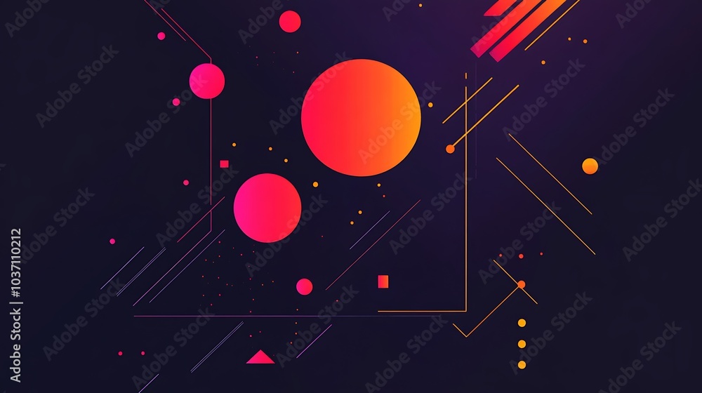 Poster abstract geometric pattern with red and yellow circles on dark background