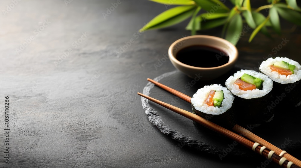 Poster sushi rolls filled with cucumber are artfully arranged with a soy sauce bowl and chopsticks on a sty