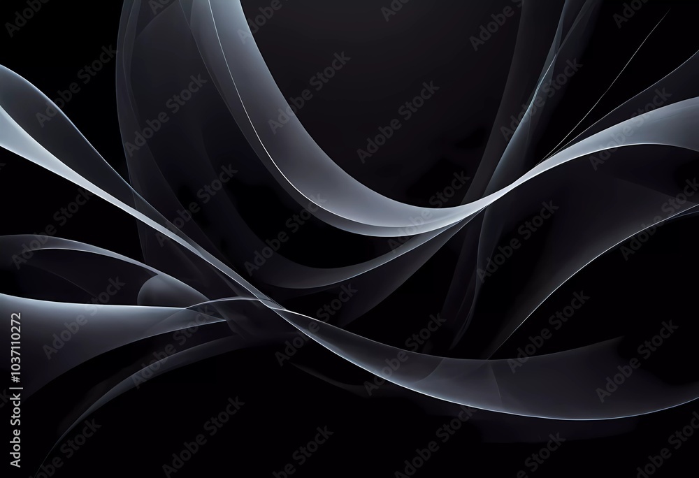 Poster graceful, swirling curves emerging from a dark backdrop, emphasizing fluidity and a dynamic sense of