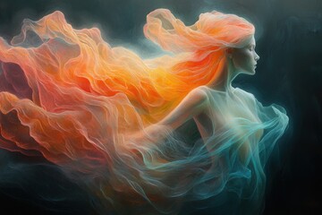 Ethereal depiction of a woman with flowing hair and vibrant colors, symbolizing freedom and grace.