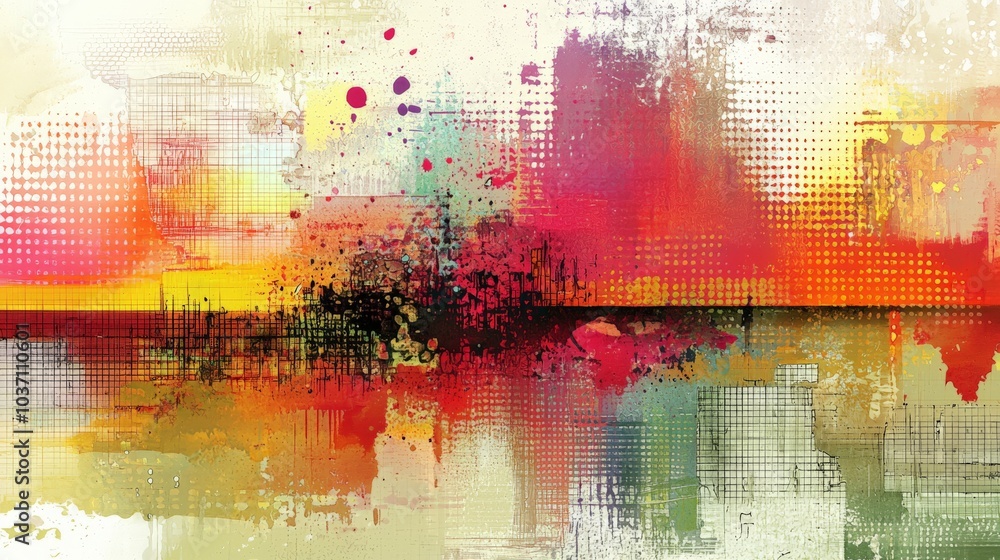 Poster a vibrant abstract landscape featuring bold colors and textures, merging fluidly to create a sense o