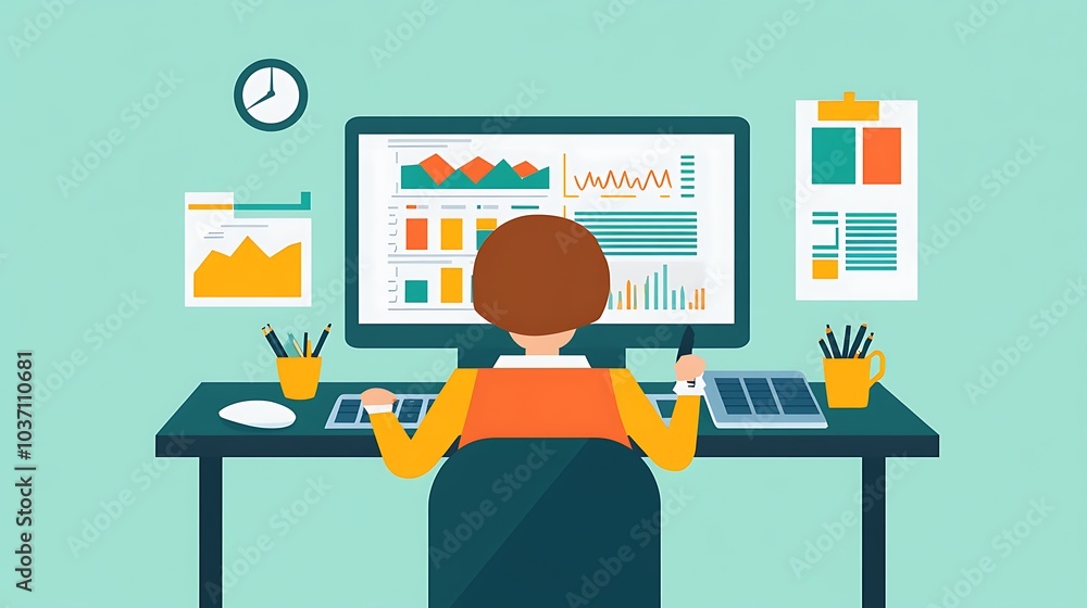Poster person analyzing data on a computer screen with various graphs and charts