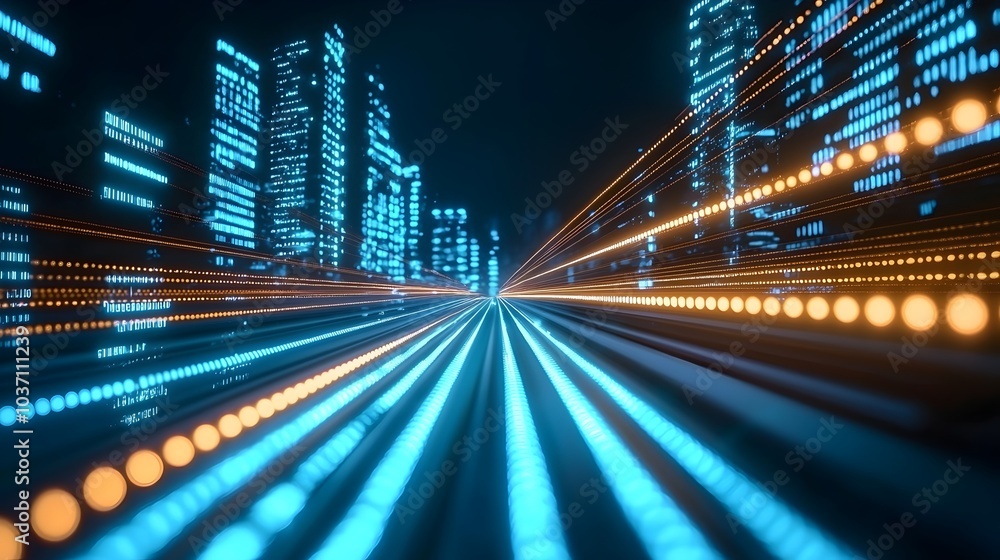 Aufkleber futuristic neon circuitry landscape - abstract digital grids and glowing lines in a high-tech cyber 