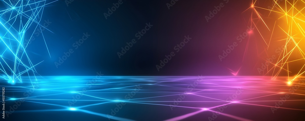 Poster futuristic neon glow with digital patterns - sleek architecture and advanced tech elements in a vibr