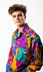 Obraz premium Man wearing colorful patterned shirt.