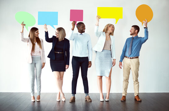 Business, employees and smile in row with speech bubble for communication, social media and text. People, candidates and happy with mockup space for quote, announcement or message on white background