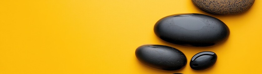 Black smooth stones with water drops on yellow background minimalistic design