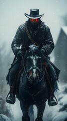 Naklejka premium Mysterious Cowboy Riding Horse in Snowy Landscape