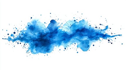 A vibrant blue watercolor splash with dynamic shapes and splatters, creating an artistic and fluid design effect on a white background.