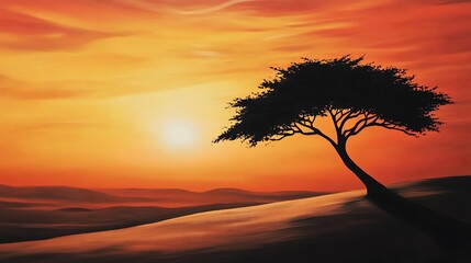 Silhouetted Tree Against a Sunset Over Rolling Hills