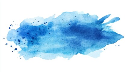 A vibrant blue watercolor splash with varying shades and splatters, perfect for artistic backgrounds or design elements.