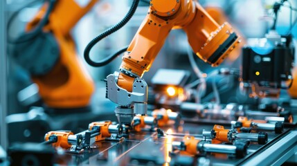 Orange Robotic Arm in a Factory