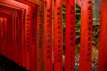 Dramatic view of red gates "Torii", Fushimi Inari Taisha Shrine in Kyoto, Japan. About 1,000 torii gates line to fushimi inari-taisha. The Japanese text mean :bless you