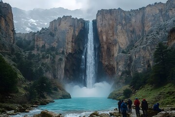 A group of hikers (mixed ethnicity) stands in awe of a majestic waterfall cascading down steep cliffs into a turquoise lake, surrounded by rocky mountains.