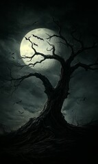 Fototapeta premium A gnarled tree stands against a full moon and a