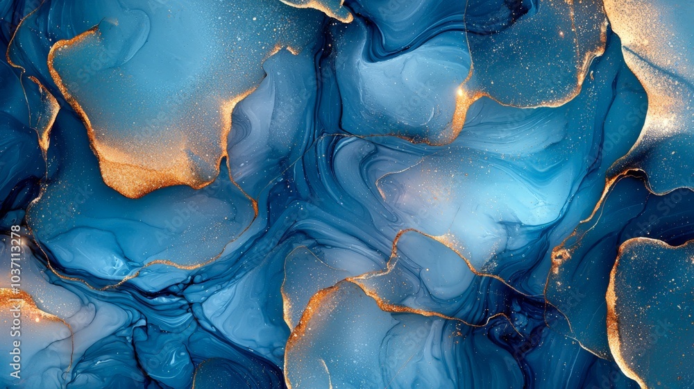 Poster a vibrant abstract design featuring deep blue and gold hues, creating an elegant and fluid appearanc