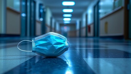 Abandoned Medical Mask in Empty Hospital Corridor under Harsh Lighting, Low Angle Perspective