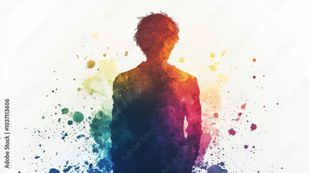 Poster a silhouette of a person emerges from vibrant splashes of color, creating a captivating blend of art