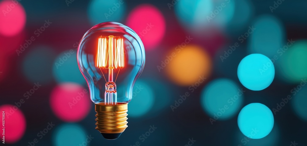 Poster elegant light bulb glowing with a colorful bokeh background.