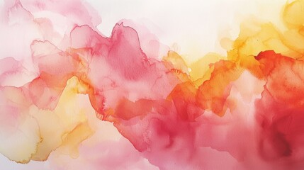 A vibrant abstract watercolor design featuring red, pink, and orange hues blending together on a light background.