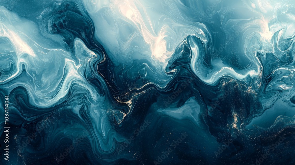 Poster a swirling abstract design featuring a gradient of deep blues and whites, evoking a sense of fluid m