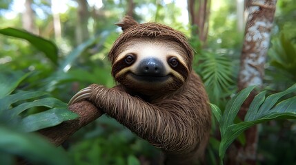 Fototapeta premium A friendly-looking sloth lounges on a branch, surrounded by vibrant green foliage, showcasing a serene expression in a lush tropical setting.