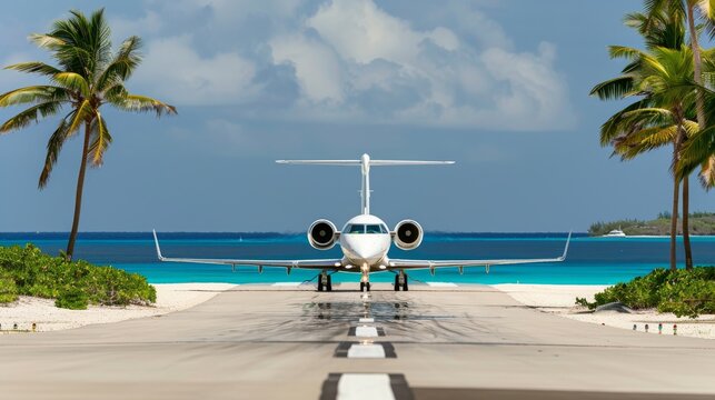 A luxurious private jet landing on a pristine island runway, with attention to the jet鈥檚 elegant design and the island鈥檚 beautiful surroundings, Tropical setting with focus on luxury travel
