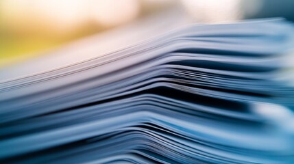 A close up of a stack of papers with soft focus in the background.