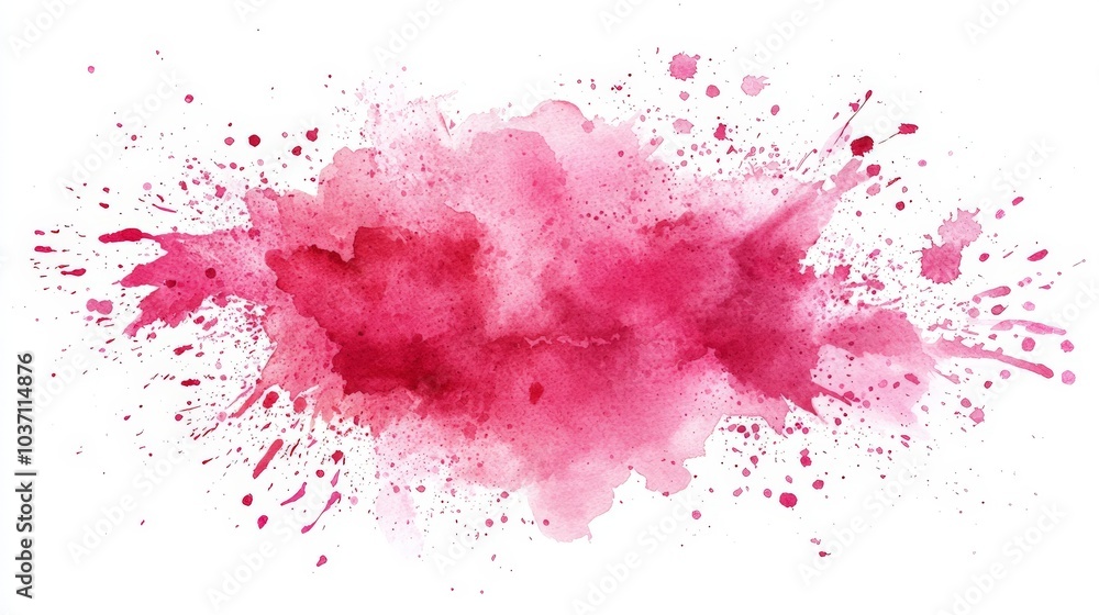 Poster a vibrant pink watercolor splash with splatters, creating an artistic and dynamic visual effect.