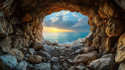 A breathtaking view from inside a rocky cave, framed by textured stone walls, revealing a serene sunset over the calm ocean waters.