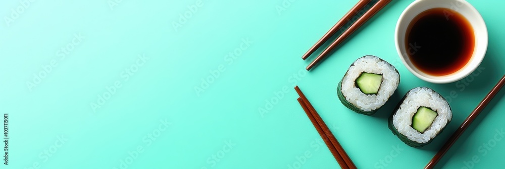Aufkleber enjoy fresh sushi rolls featuring cucumber and soy sauce, accompanied by chopsticks, set against a v