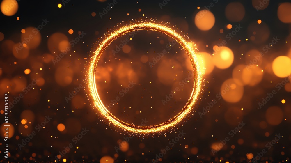 Aufkleber glowing golden circle with sparkles and bokeh effect on a dark background.