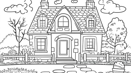 Obraz premium Cartoon Style House Coloring Page for Kids: A Fun and Engaging Design Featuring a Simple Black Outline on a White Background. This coloring page encourages creativity and imagination, 