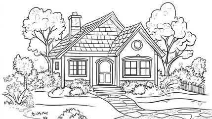 Cartoon Style House Coloring Page for Kids: A Fun and Engaging Design Featuring a Simple Black Outline on a White Background. This coloring page encourages creativity and imagination, 