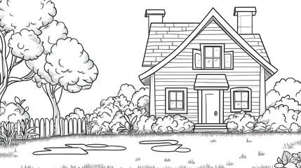 Cartoon Style House Coloring Page for Kids: A Fun and Engaging Design Featuring a Simple Black Outline on a White Background. This coloring page encourages creativity and imagination, 