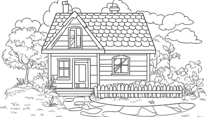 Obraz premium Cartoon Style House Coloring Page for Kids: A Fun and Engaging Design Featuring a Simple Black Outline on a White Background. This coloring page encourages creativity and imagination, 