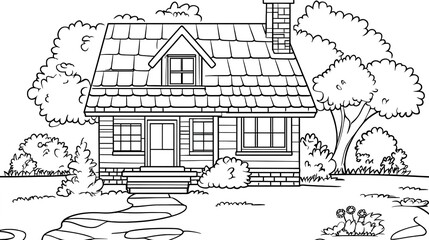 Obraz premium Cartoon Style House Coloring Page for Kids: A Fun and Engaging Design Featuring a Simple Black Outline on a White Background. This coloring page encourages creativity and imagination, 