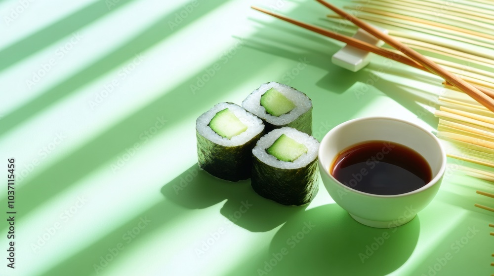 Poster enjoy a vibrant display of japanese sushi rolls filled with fresh cucumber, accompanied by soy sauce