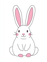 Obraz premium A cartoon white rabbit with pink ears and feet sits on a white background.
