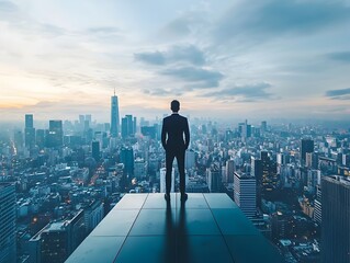 Fototapeta premium Businessperson Overlooking Urban City Skyline from Skyscraper Reflecting Ambition and Vision