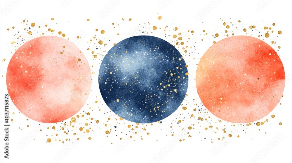 Poster three colorful watercolor circles against a backdrop of sparkling specks, creating a celestial and a